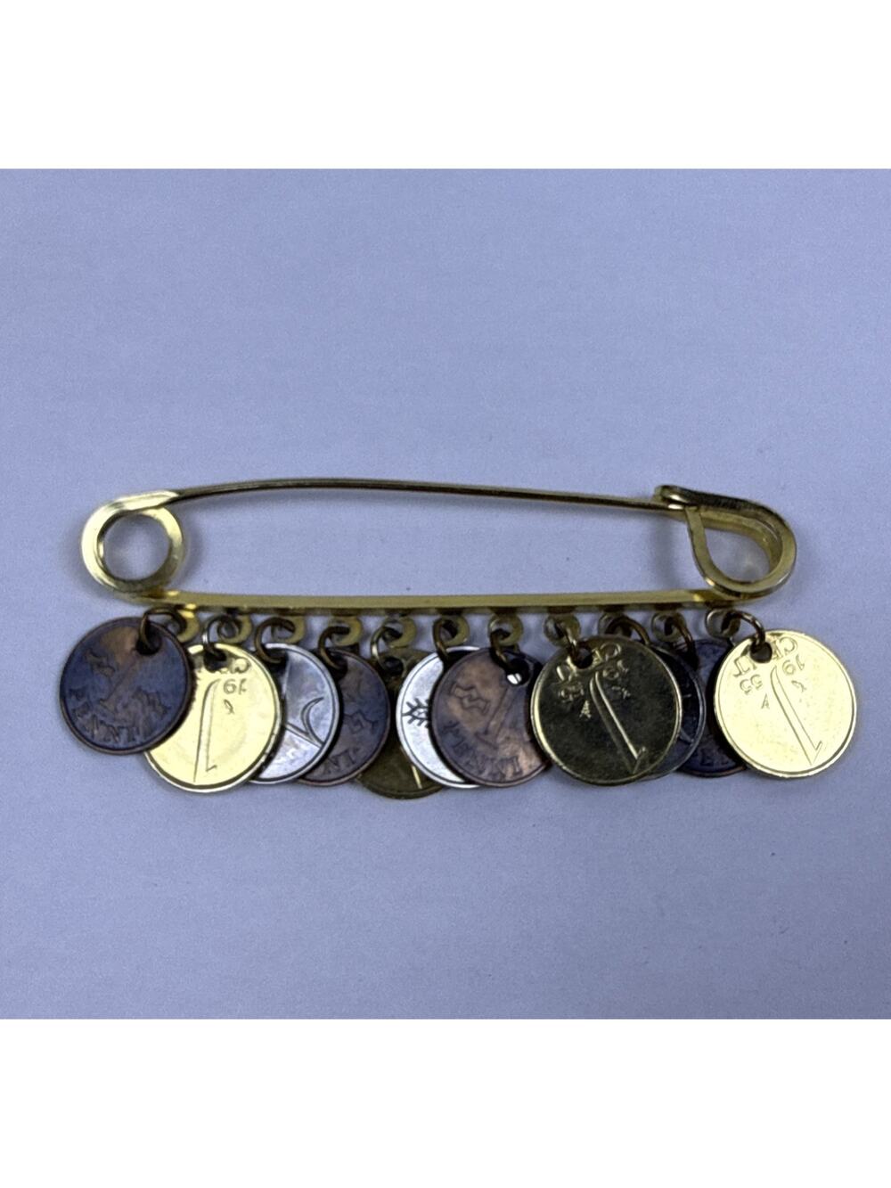 Vintage MCM Safety Pin Brooch 11 Coins from 1950s/60s 3.25”